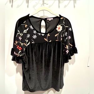 Anthropologie Pleione black embroidered floral blouse, size M